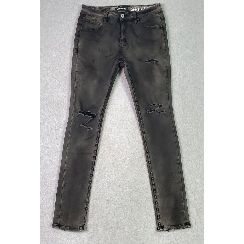 Serenede Shadow Jeans Mens Size 34x32 Black Slim Stretch Fitted Denim Distressed